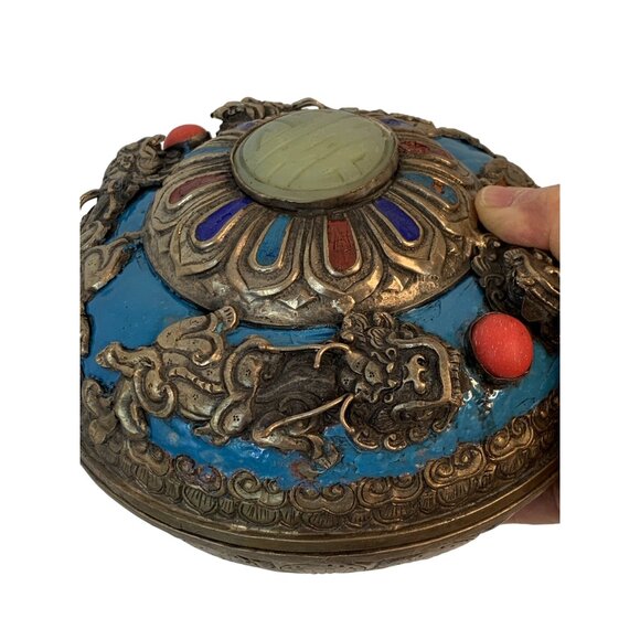 VTG Handcrafted Tibetan Insense Metal Bowl With Lid Enamel 8 X 5 B9033 Trinket - Picture 8 of 13